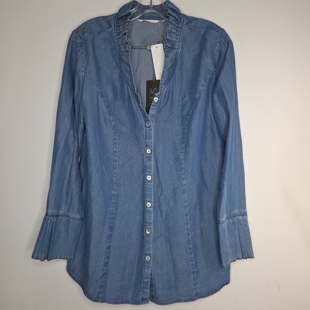 New Soft Surroundings Chambray Tunic Button Womens Ruffle Collar + Cuff XS